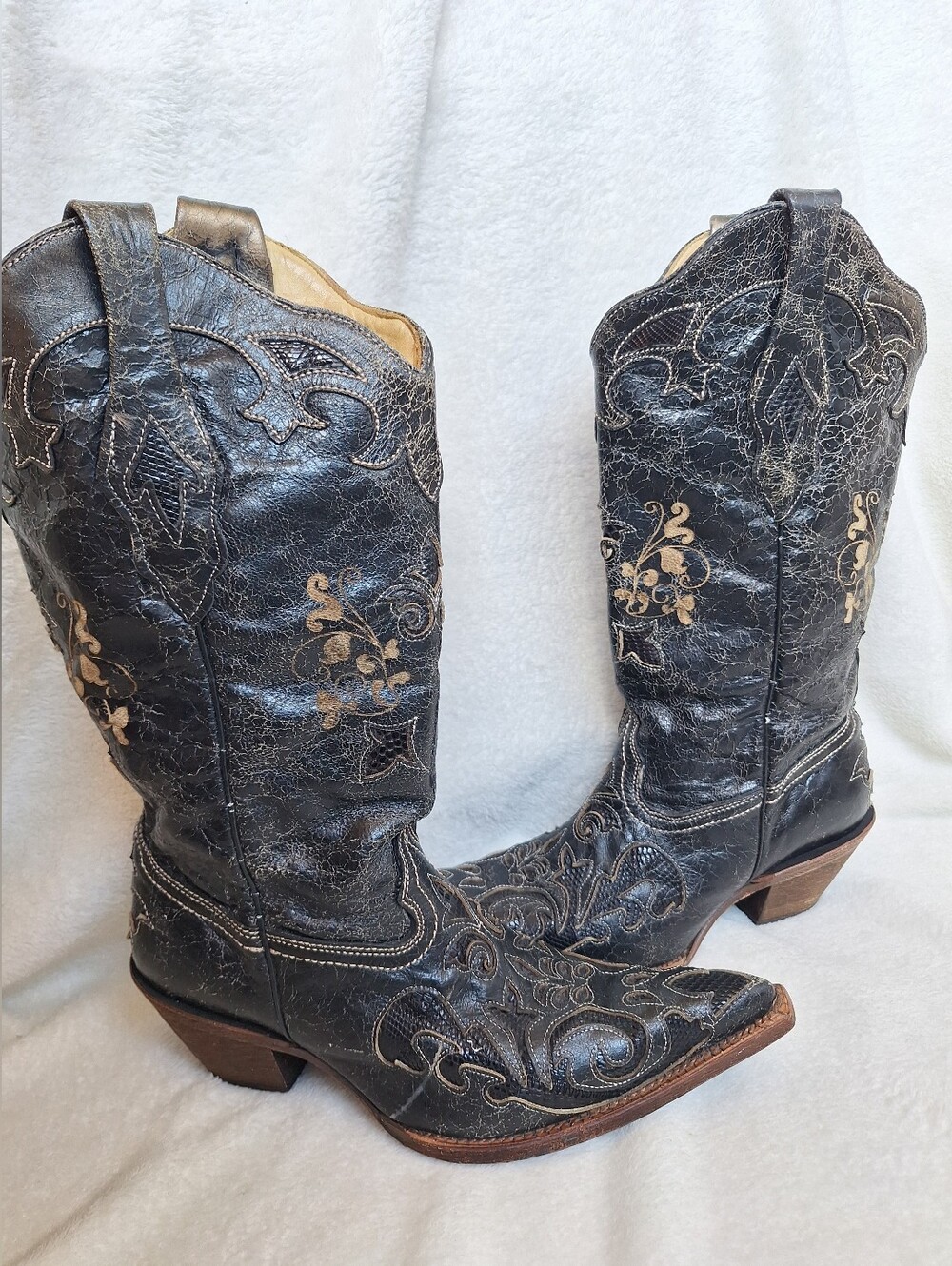 Corral Vintage Black Distressed Leather Genuine Lizard Inlay Cowboy Boots US 8M